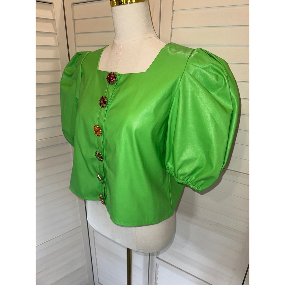 Queen of Sparkles Faux Leather Top Women Neon Green Puff Sleeve Jewel Button M - Picture 3 of 8